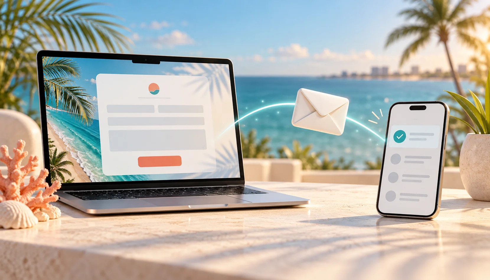 Illustration of a website contact form sending an inquiry to a phone inbox, with a Florida coastal backdrop.