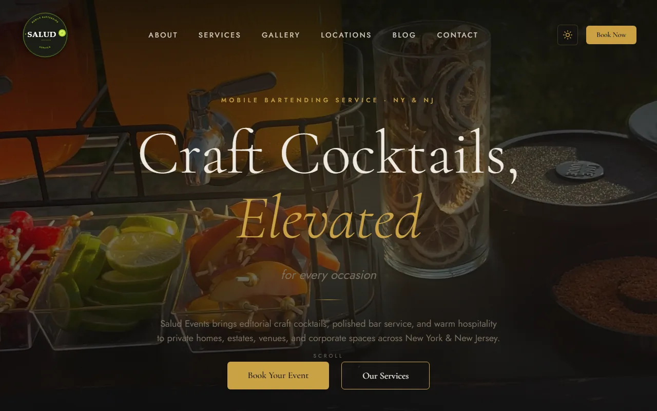 Salud Events website featuring rich cocktail photography and elegant typography